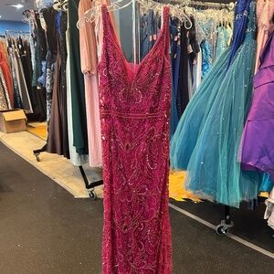 Sherri Hill 51147 Fuchsia Beaded Gown with V Sweetheart Neckline